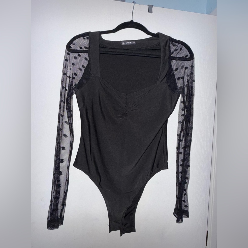SHEIN Black Bodysuit with Mesh Polka Dot Sleeves